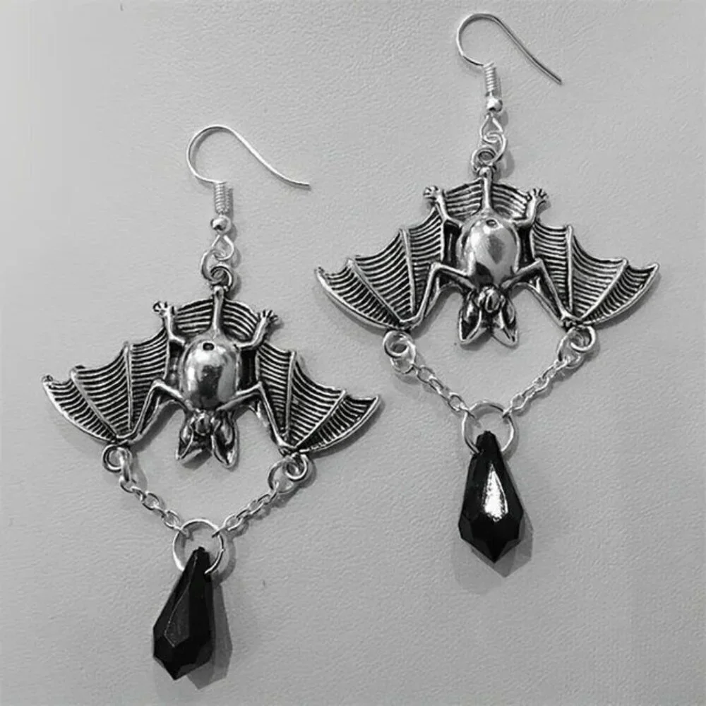 Silver Vampire Bat Black Hanging Teardrop Crystal Goth Chain Dangle Earrings
